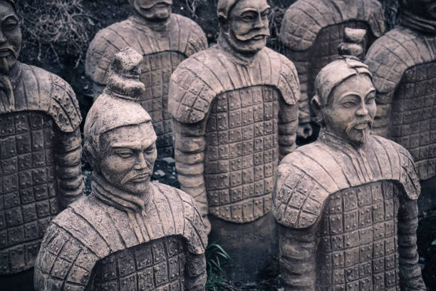 Fossil Warriors of terracotta Army. Ancient archaeological excavations. Fossil Warriors of the terracotta Army. Ancient archaeological excavations. Russia, Siberia, Altai.  exhibition Paleo park. empire stock pictures, royalty-free photos & images