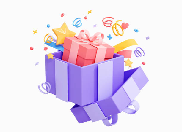istock 3D Open gift box with party confetti. Birthday surprise. Decorative festive object. Celebration present with stars and ribbon. Cartoon creative design icon isolated on white background. 3D Rendering 1438023499