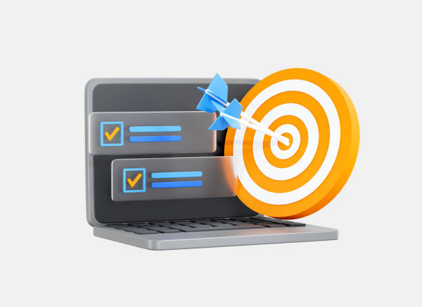 3D Computer laptop with project task management and hitting the target. Marketing time concept. Business success. SEO optimisation. Cartoon creative design isolated on white background. 3D Rendering