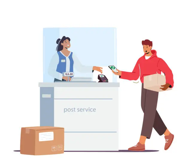 Vector illustration of Man Visiting Post Office Concept. Male Character Holding Parcel In Hands Paying For Weigh Box On Scales On Reception