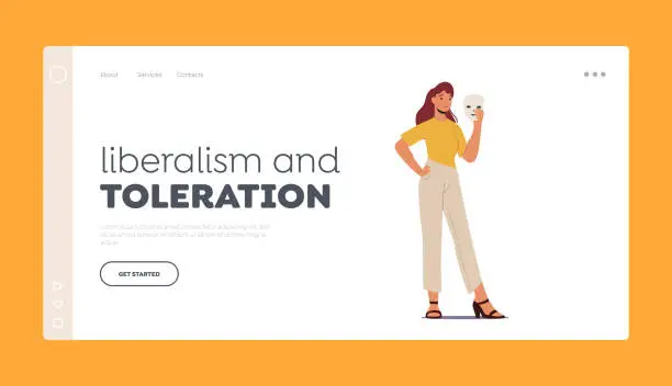 Vector illustration of Liberalism And Toleration Landing Page Template. Woman Hide Face Behind Of Mask. Female Character Deception, Hypocrisy