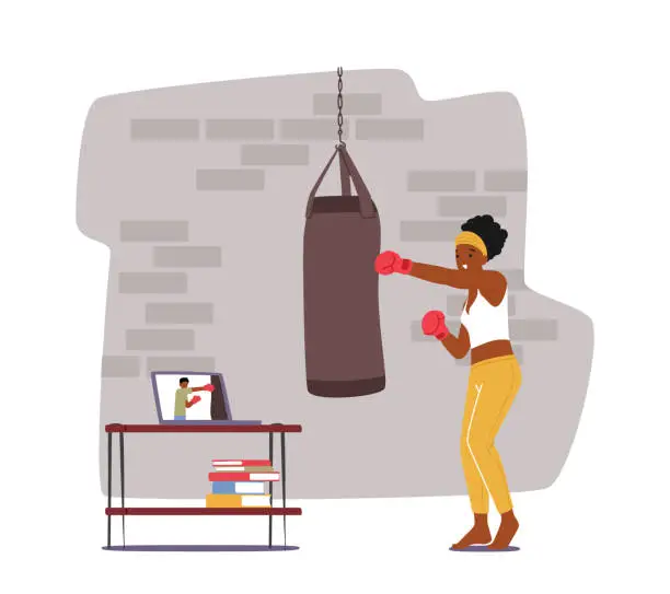 Vector illustration of Female Character in Boxing Gloves Hit Punching Bag Training Online by Internet Watching Video Tutorial on Laptop