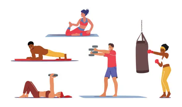 Vector illustration of Set People Training With Dumbbells, Boxing, Stand In Plank And Stretching. Isolated Sport Characters Workout Exercises