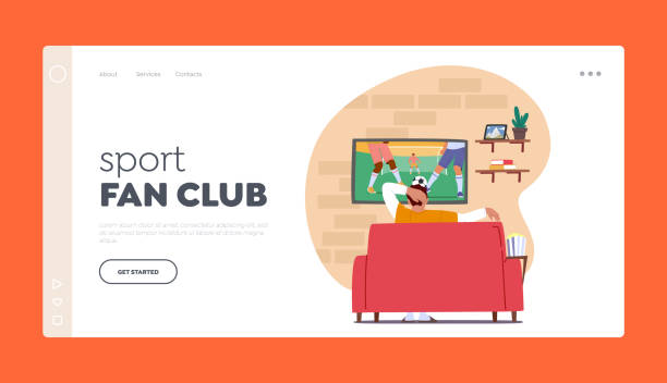 Sport Fan Club Landing Page Template. Soccer Fan Watching Football Match On Tv Sitting On Couch With Pop Corn Rear View Sport Fan Club Landing Page Template. Soccer Fan Watching Football Match on Tv Sitting on Couch with Pop Corn Rear View. Man Cheering for Favorite Team on Weekend. Cartoon People Vector Illustration men watching soccer game stock illustrations