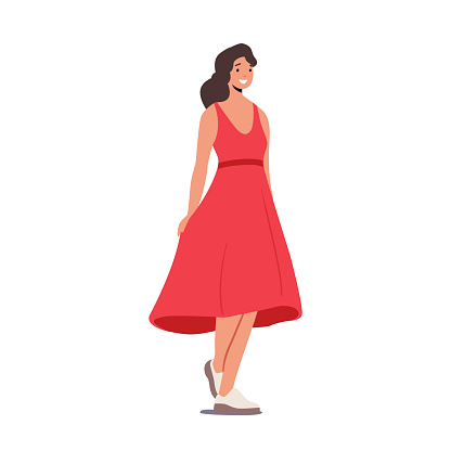 Woman in Red Dress Isolated on White Background. Young Sexy Female Character, Attractive Girl Presenting Summer Fashion, Elegant Cheerful Brunette Lady, Youth Ages. Cartoon People Vector Illustration