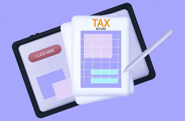 Vector illustration of Filling out the tax return form online 3d. Submission of the annual financial report. Tablet and tax return. The concept of control of individual income, profit and budget. Electronic data. Report.