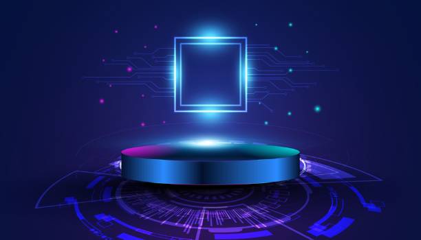 istock Abstract mock up base, stage, podium with beautiful lighting, futuristic for background, modern, circle, technology, black, pink and purple background, sparkly neon. 1438027104