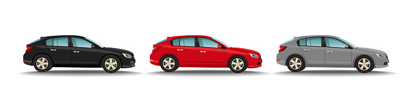 Set of three different colors cars on white background. Hatchback vehicles side view, black, red, grey. Family transport concept. Vector illustration.