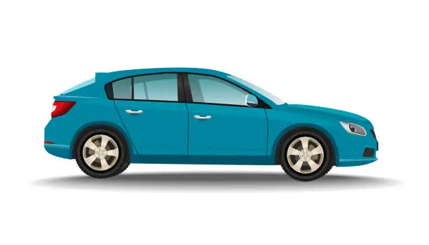 Vector illustration of Hatchback turquoise car on white background. Luxury vehicle. Realistic automobile side view.