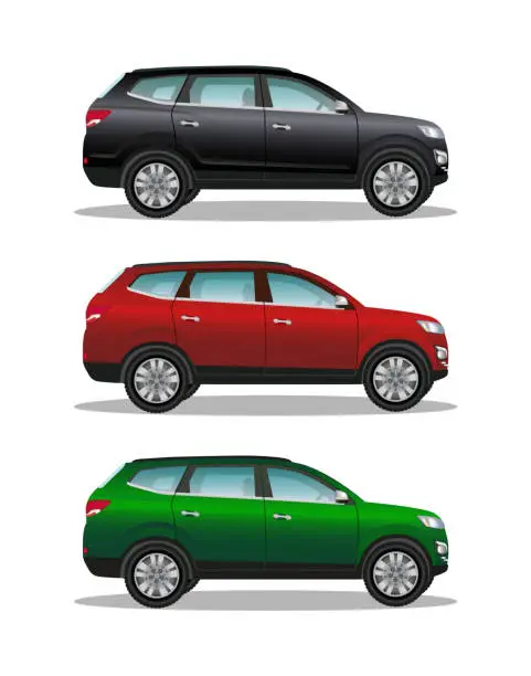 Vector illustration of Three luxury offroad cars, black, red, green. Different colors vehicles. Realistic crossover on white background