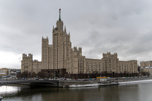 Residential building on Kotelnicheskaya Embankment is one of the seven realized Stalin high-rises in Moscow in winter, near the confluence of the Yauza with the Moscow River