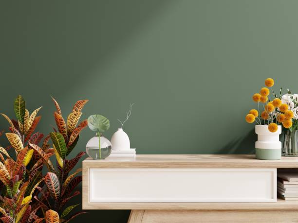 istock Green wall panelling with wooden cabinet in kitchen room. 1438032451