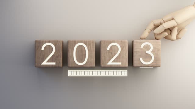 Countdown start new year 2023 with the vision and perspective of planning to achieve goals. concept for the future business and management. in cartoon illustration on white background. 3d rendering
