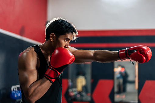 Portrait of Asian handsome sportsman wear boxing gloves in fitness gym. Attractive athlete male fighter workout and exercise by punching sand bag to maintain strong muscle and health care in gymnasium