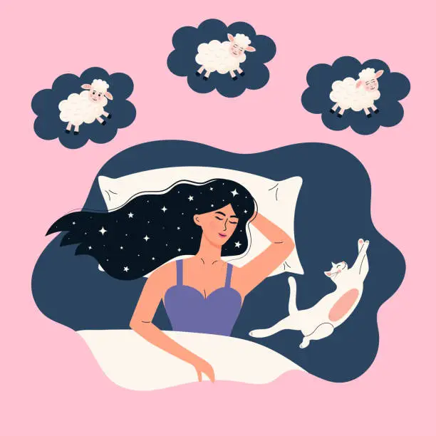 Vector illustration of Girl with hair in stars is lying in bed with white cat. Young woman falling asleep, dreaming and counting sheep. Dream cloud with jumping lambs. Healthy sleeping, sweet dreams, pet, home, comfort, rest, relax, insomnia or sleep well concept.