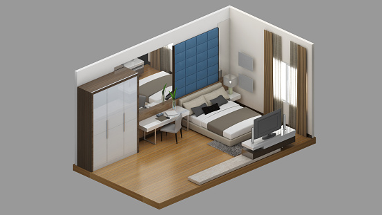 Isometric view of a bedroom,residential area, 3d rendering.
