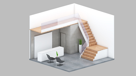 Isometric view of a office space and reception area, 3d rendering.
