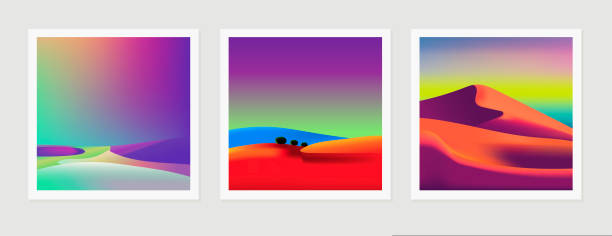 istock Flat background set. Minimalist style. 3 landscapes collection. Dunes, hills, ocean. Colorful acid groovy gradient design. 1438035274
