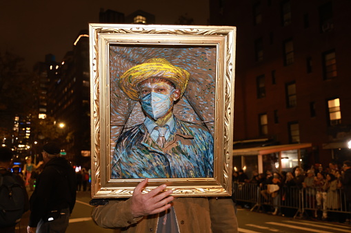 New York, New York/ USA  31 Oct 2022: A reveler is dressed up as a painting by Van Gogh during the New Yorks 49th Annual Village Halloween Parade in New York, New York, Monday, Oct. 31, 2022. (Photo: Gordon Donovan)