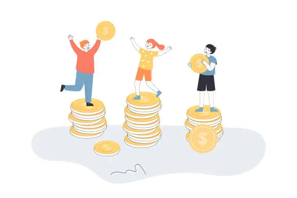 Vector illustration of Children holding dollar coins, standing on pile of money