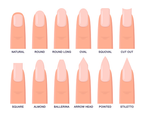 Different shapes of fingernails vector illustrations set. Collection of cartoon drawings of pink nails of round, square, oval shapes isolated on white background. Nail art, beauty salon concept