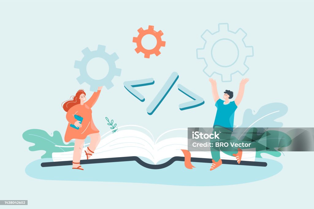 Coding Symbol And Happy Programmers Flat Vector Illustration Stock ...
