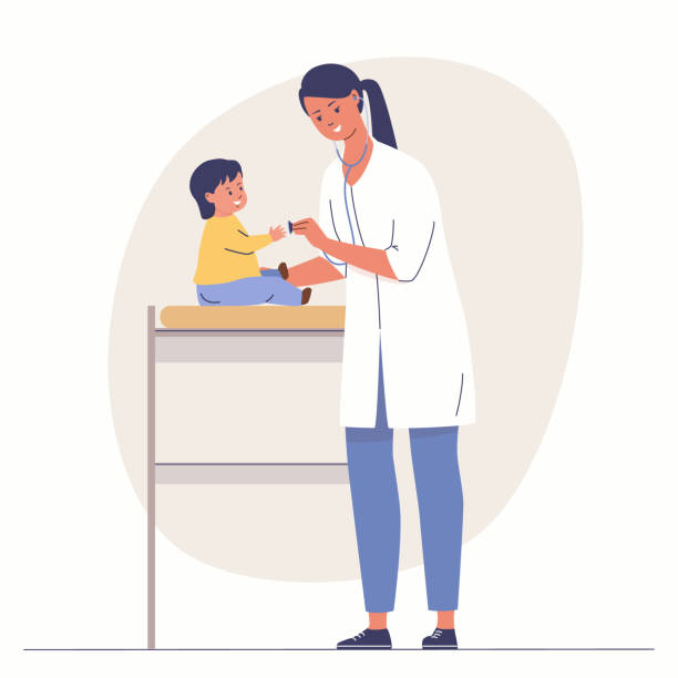 Pediatrician. Doctor examines child. Medical clinic for children. Family doctor. Vector illustration Pediatrician. Doctor examines child. Medical clinic for children. Family doctor. Vector illustration baby doctor stock illustrations