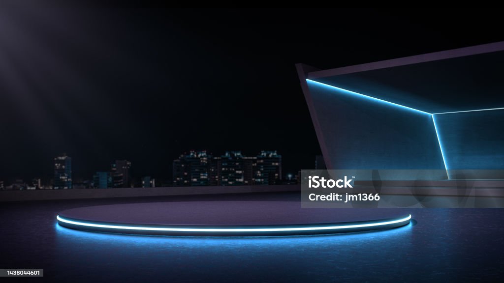 Showroom futuristic style for product show with night city background. Showroom futuristic style for product show with night city background. 3D rendering. Abstract Stock Photo