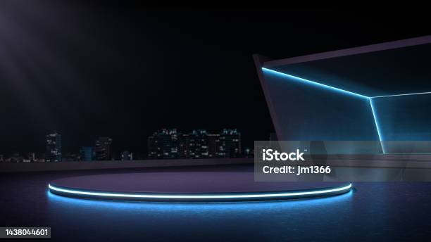Showroom Futuristic Style For Product Show With Night City Background Stock Photo - Download Image Now