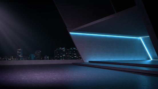 Showroom futuristic style for product show with night city background. 3D rendering.