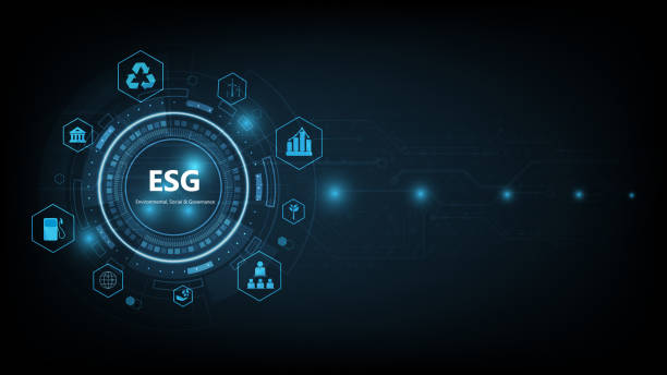 istock Sustainable business on networked connection vector illustration on blue color background. ESG icon concept .Environmental,Social and Corporate Government. 1438044688
