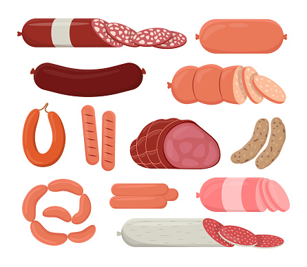 Different kinds of sausages vector illustrations set. Collection of cartoon drawings of red salami, ham, delicatessen, slices of sausages isolated on white background. Food, meat, groceries concept