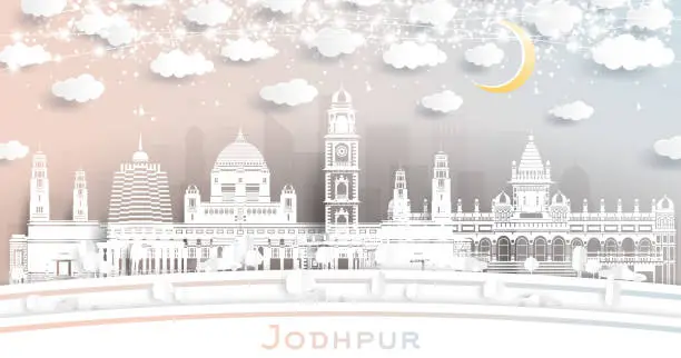 Vector illustration of Jodhpur India City Skyline in Paper Cut Style with White Buildings, Moon and Neon Garland.