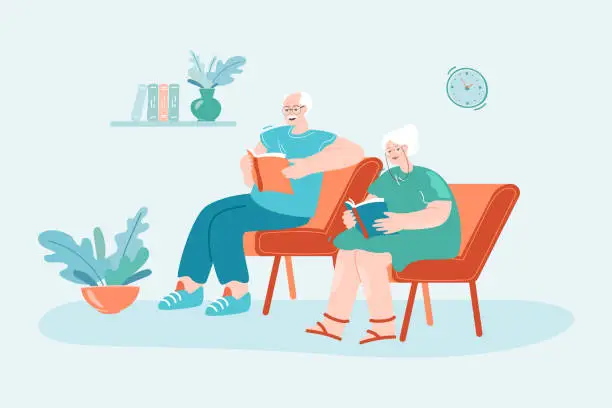 Vector illustration of Elderly couple reading books at home or in library