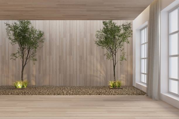 istock Empty minimalist living room with a small garden . 1438048647