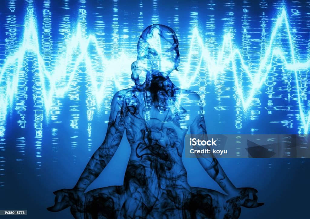 3d illustration of a woman meditating with light effects Abstract Stock Photo