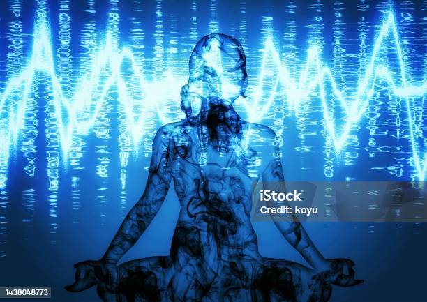 3d Illustration Of A Woman Meditating With Light Effects Stock Photo - Download Image Now