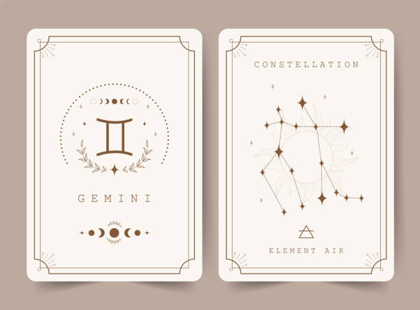 Gemini. Witchcraft cards with astrology zodiac sign and constellation. Perfect for tarot readers and astrologers. Occult magic background. Horoscope template. Vector illustration in boho style Gemini. Witchcraft cards with astrology zodiac sign and constellation. Perfect for tarot readers and astrologers. Occult magic background. Horoscope template. Vector illustration in boho style. zodiac constellation stock illustrations