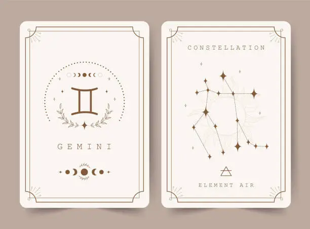 Vector illustration of Gemini. Witchcraft cards with astrology zodiac sign and constellation. Perfect for tarot readers and astrologers. Occult magic background. Horoscope template. Vector illustration in boho style