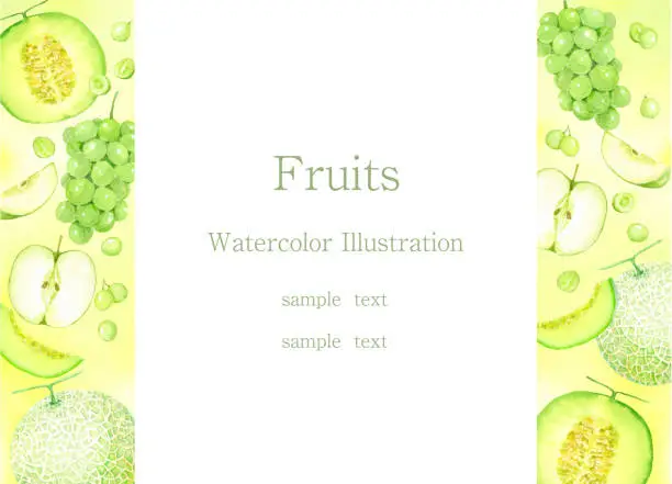 Vector illustration of Side frame of yellow and green fruits painted by watercolor