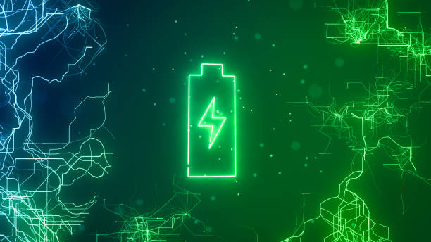 istock Battery charging in an abstract technological background of connections. Renewable energy. 1438052720