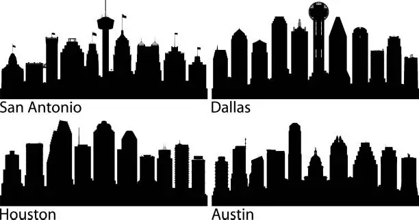 Vector illustration of Texan Cities: San Antonio, Dallas, Houston, and Auston (All Buildings Are Complete and Moveable)