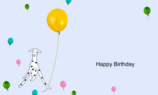 ilustrações de stock, clip art, desenhos animados e ícones de beautiful minimalist happy birthday card with pets and balloons - birthday card dog birthday animal