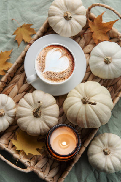 istock White pumpkins, coffee and autumn leaves on a wicker tray. 1438059789