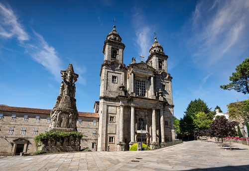 San Francisco Santiago de Compostela. Iglesia de San Francisco - Saint Francis Church in the City Center of the Santiago de Compostela under blue sunny summer sky. Provincial and Education Centre for the Franciscan Order. Founded by St. Francis himself 1214 during his visit to the city. Santiago de Compostela, Galicia, A Coruna Province, Spain, Europe.