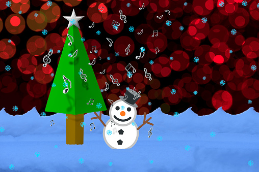 Snowman with Christmas tree and flying Musical Note on a snowing night against Christmas illumination with copy space.