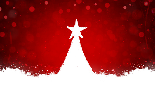 Horizontal illustration of a white christmas tree over red backdrop. There is no text, no people and Copy space. Can be used as Xmas , New Year day celebrations background, wallpapers, gift wrapping sheets, posters, banners and greeting cards. Small glitter like or glittery dots shining all over and snow layer at the bottom edge.
