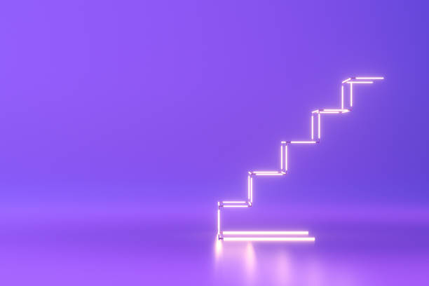 istock Neon Light Staircase on Purple Background 1438061923