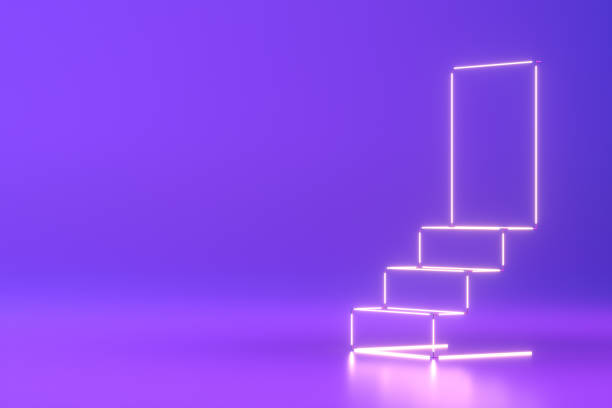 istock Neon Light Staircase to Door on Purple Background 1438062238