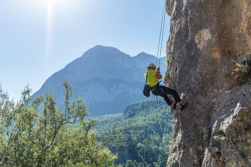 Geyikbayırı, Antalya, Turkey-October 29, 2022: rock climbers are enjoying the rock climbing and celebrating Turkish national day, Antalya